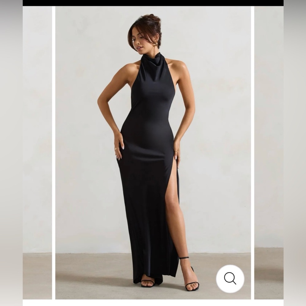Club L London Black Backless Halter Maxi Dress with Side Slit
